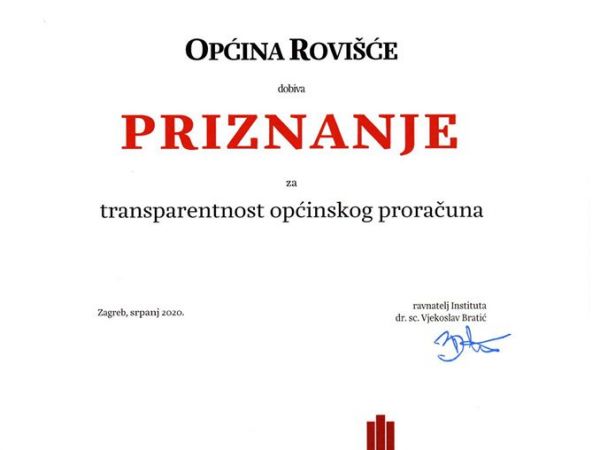 OPĆINA ROVIŠĆE PONOVNO JE DOBILA PRIZNANJE ZA TRANSPARENTNOST PRORAČUNA !