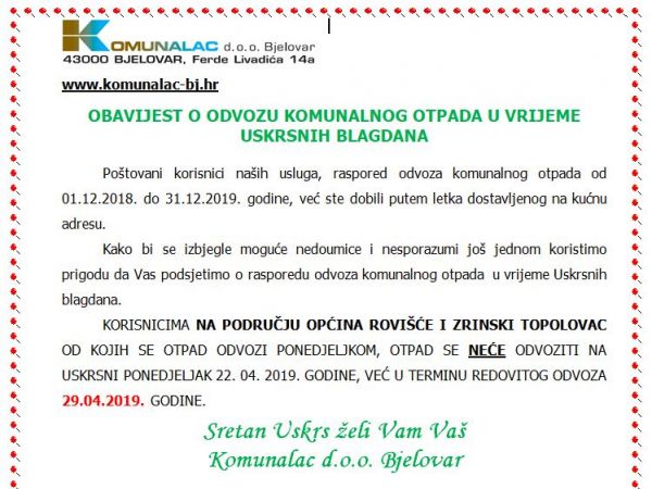 Obavijest Komunalca d.o.o. o odvozu komunalnog otpada u vrijeme Uskrsnih blagdana