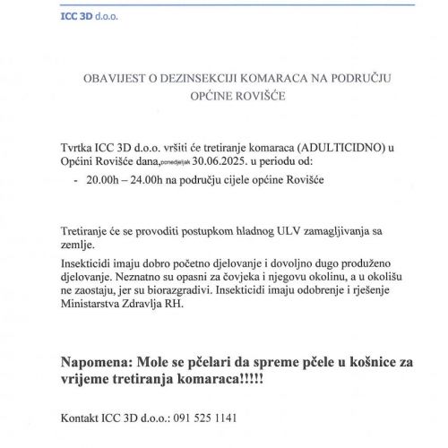 OBAVIJEST O DEZINSEKCIJI KOMARACA I O TROVANJU ŠTETNIH GLODAVACA NA PODRUČJU OPĆINE ROVIŠĆE - 30.5.2025.