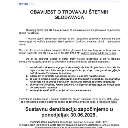 OBAVIJEST O DEZINSEKCIJI KOMARACA I O TROVANJU ŠTETNIH GLODAVACA NA PODRUČJU OPĆINE ROVIŠĆE - 30.5.2025.