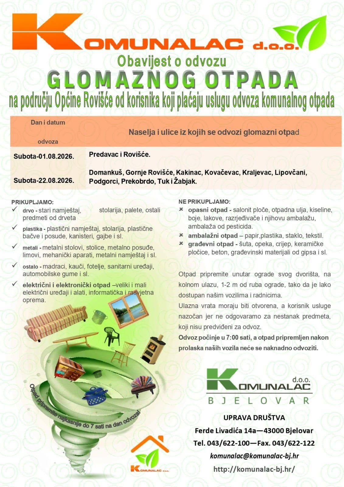 RASPORED ODVOZA GLOMAZNOG OTPADA 2026.
