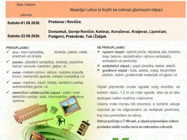 RASPORED ODVOZA GLOMAZNOG OTPADA 2026.