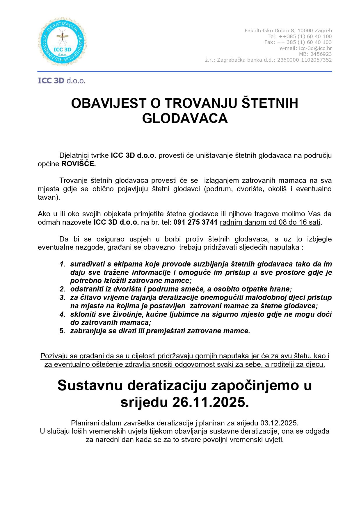 OBAVIJEST - DERATIZACIJA NA PODRUČJU OPĆINE ROVIŠĆE 2025.