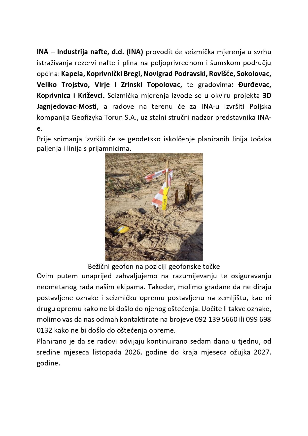 Obavijest INE d.o.o. o provođenju seizmičkih mjerenja na području Općine Rovišće