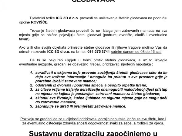 OBAVIJEST O DERATIZACIJI  NA PODRUČJU OPĆINE ROVIŠĆE