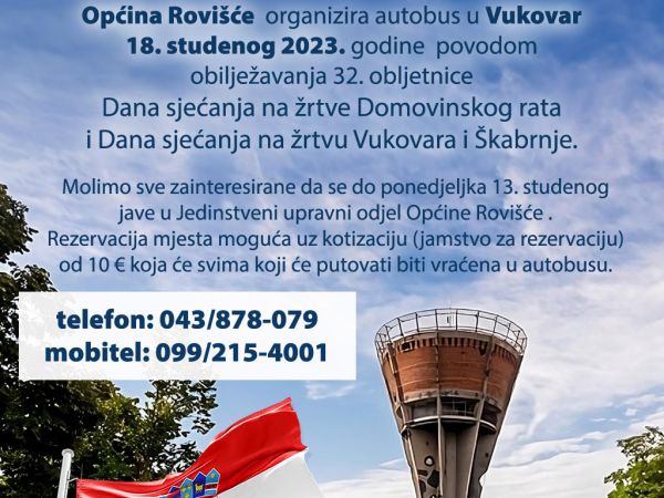 OBAVIJEST - Općina Rovišće organizira autobus u Vukovar 18. studenog i pokriva troškove putovanja