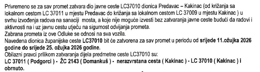 OBAVIJEST - PRIVREMENO ZATVARANJE CESTE OBAVIJEST - PRIVREMENO ZATVARANJE CESTE