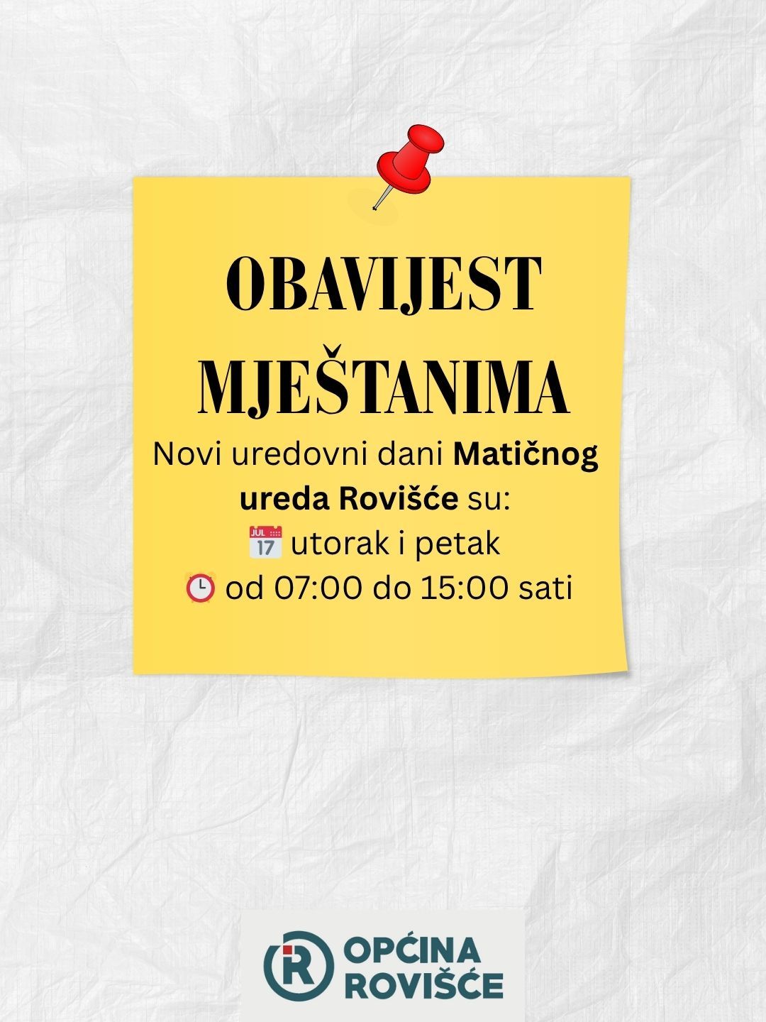 OBAVIJEST MJEŠTANIMA OPĆINE ROVIŠĆE - RAD MATIČNOG UREDA OD 1.12.2025.