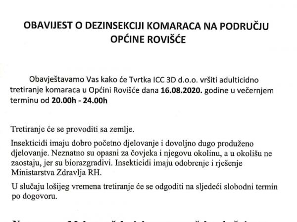OBAVIJEST O DEZINSEKCIJI KOMARACA NA PODRUČJU OPĆINE ROVIŠĆE