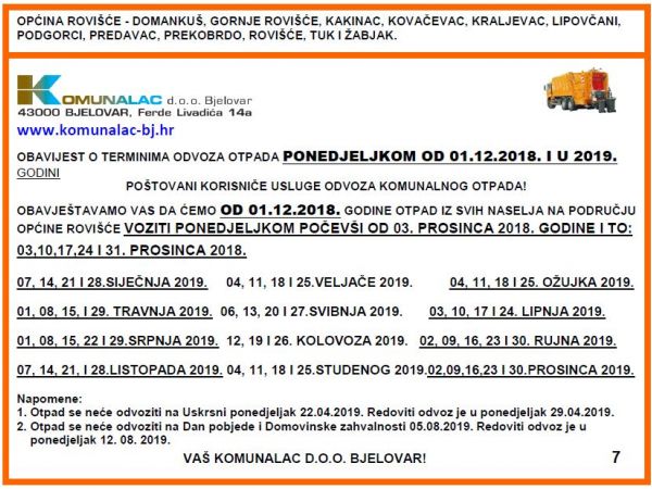 Novi raspored odvoza komunalnog otpada