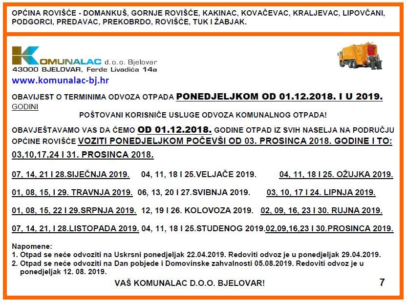 Novi raspored odvoza komunalnog otpada od 01.12.2018.